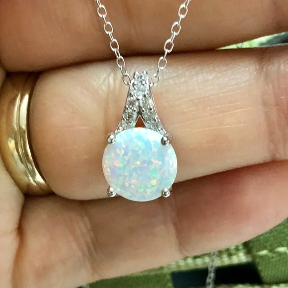 Fire Opal Necklace Round White Opal Pendant, Minim - Picture 7 of 8